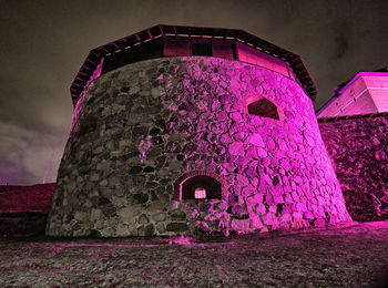 Low angle view of purple flower on old building against sky at night