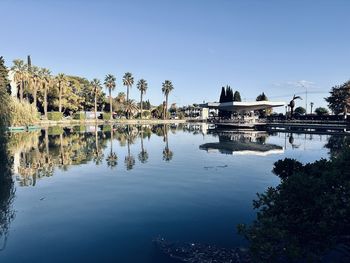 Scenic view of lake against clear blue sky