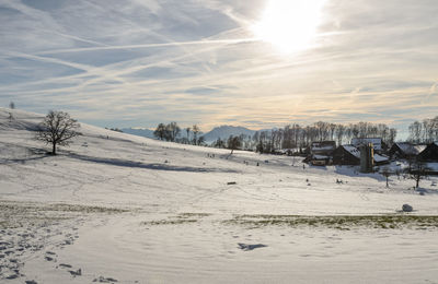 Scenic view of snowcapped field against sky