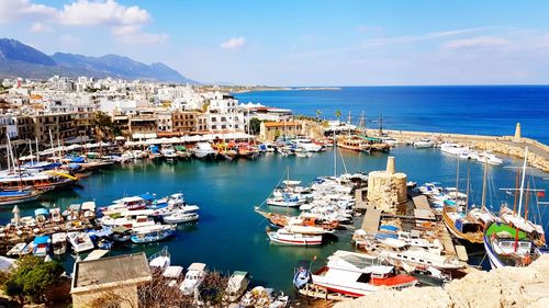 High angle view of boats moored at sea