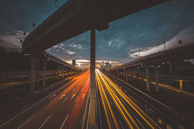 Light trails on road against sky in city