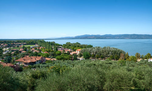 Scenic view of trees and buildings against clear blue sky