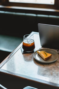 High angle view of drink on table