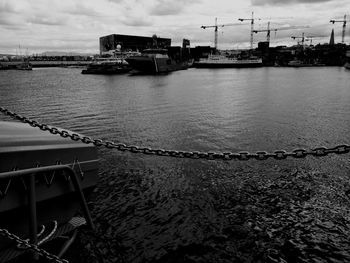 Ship at harbor against sky