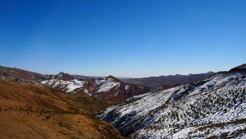 Scenic view of snowcapped mountains against clear blue sky