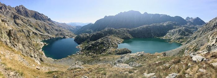 Panoramic view of lake and mountains against sky