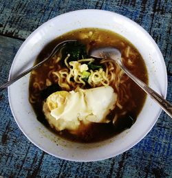 High angle view of soup in bowl on table