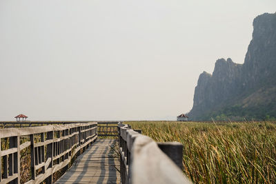 Walkway through field against sky