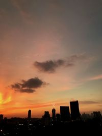 Silhouette of city against cloudy sky during sunset