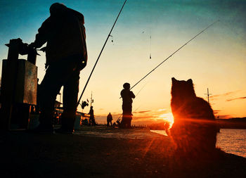 Silhouette men fishing and stray cat at sunset