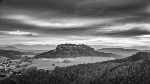 Scenic view of mountains against cloudy sky