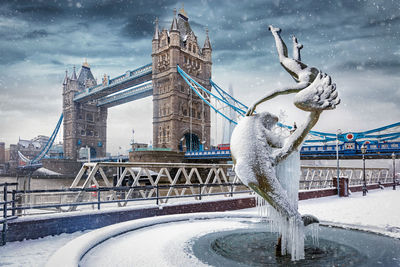 Frozen fountain against bridge in city during winter