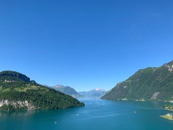 Scenic view of sea and mountains against clear blue sky
