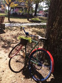 Bicycle parked by tree