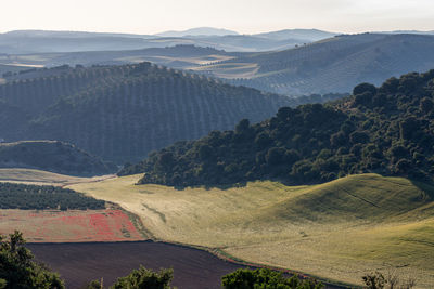 High angle view of agricultural landscape and mountains against sky