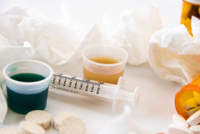 High angle view of medicines on table
