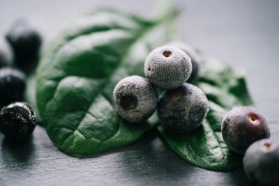 Close-up of frozen blueberries on table