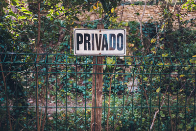 Information sign by trees in forest