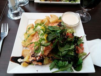 High angle view of salad in plate on table