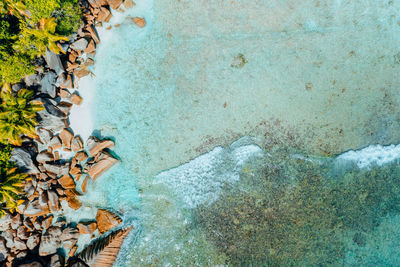 High angle view of snow on rock