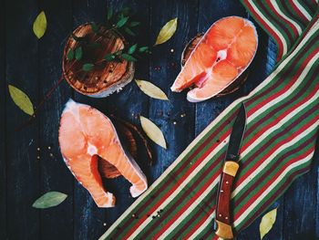 High angle view of fish on table