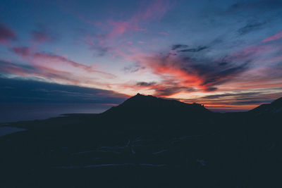 Scenic view of silhouette mountains against sky at sunset