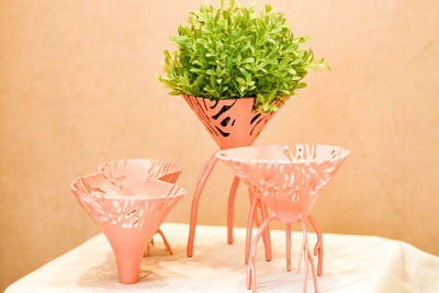 Close-up of potted plant on table against wall