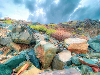 Stack of rocks on land against sky