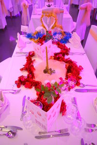 High angle view of pink flower on table