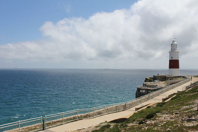 Lighthouse by sea against sky