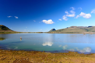 Scenic view of lake against blue sky