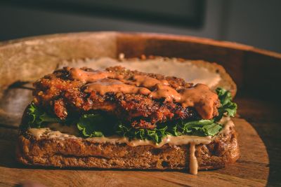 Close-up of burger on table