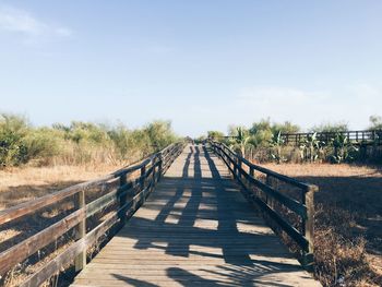 Wooden footbridge along trees on landscape against sky