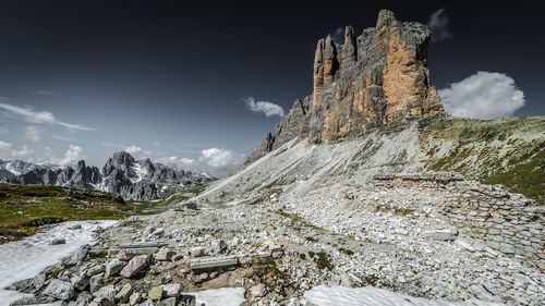 Panoramic view of snowcapped tre cime di lavsredo against sky