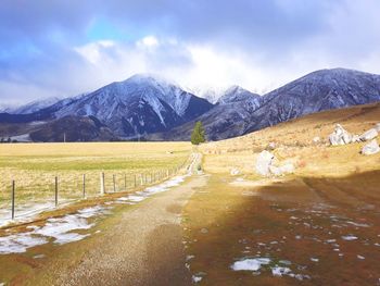 Scenic view of snowcapped mountains against sky