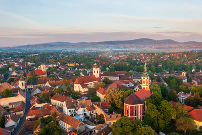 Aerial view about the belgrade serbian orthodox cathedral and st. john's parish church in szentendre