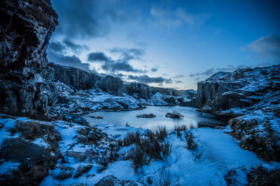 Scenic view of frozen mountains against sky