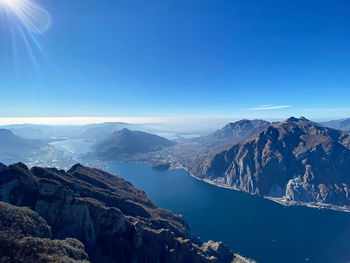 Scenic view of snowcapped mountains against clear blue sky