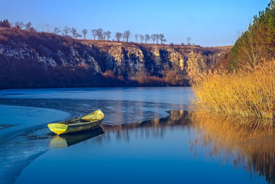 Scenic view of lake against blue sky