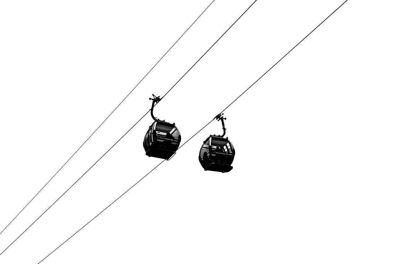 LOW ANGLE VIEW OF OVERHEAD CABLE CAR AGAINST CLEAR SKY