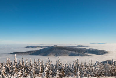 Scenic view of snowcapped mountains against clear blue sky