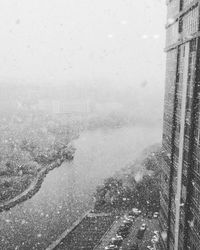 Wet window in city during winter