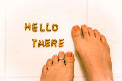 Low section of woman with hello there text on tiled floor