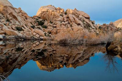 Reflection of rock formation in water against clear sky