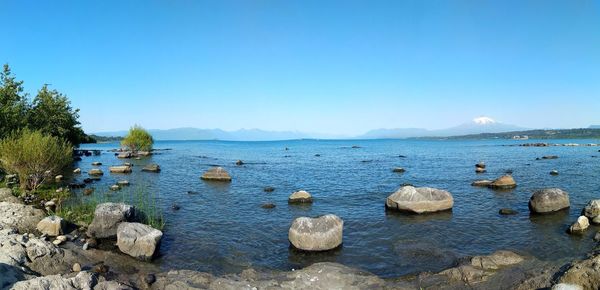 Scenic view of lake against clear blue sky