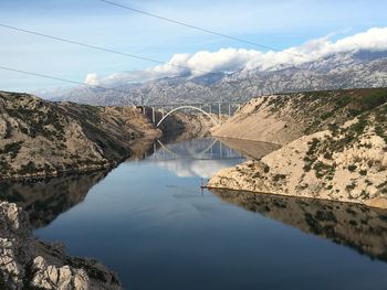 Scenic view of lake and mountains against sky