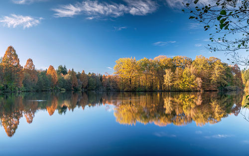 Panoramic image of beautiful and idyllic bensberg lake, bergisch gladbach, germany