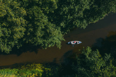 River kayaking aerial photo in summertime. river kayaks aerial view.