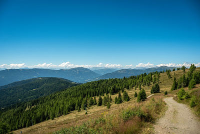 Panoramic view of mountains against clear blue sky