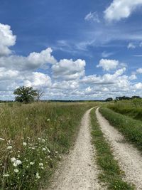 Dirt road amidst field against sky